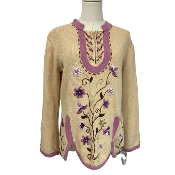 Storybook Knits Sweaters - Storybook Knits Irresistible Floral Sweater Zip Neck Nordic Beige Sz Small Vtg